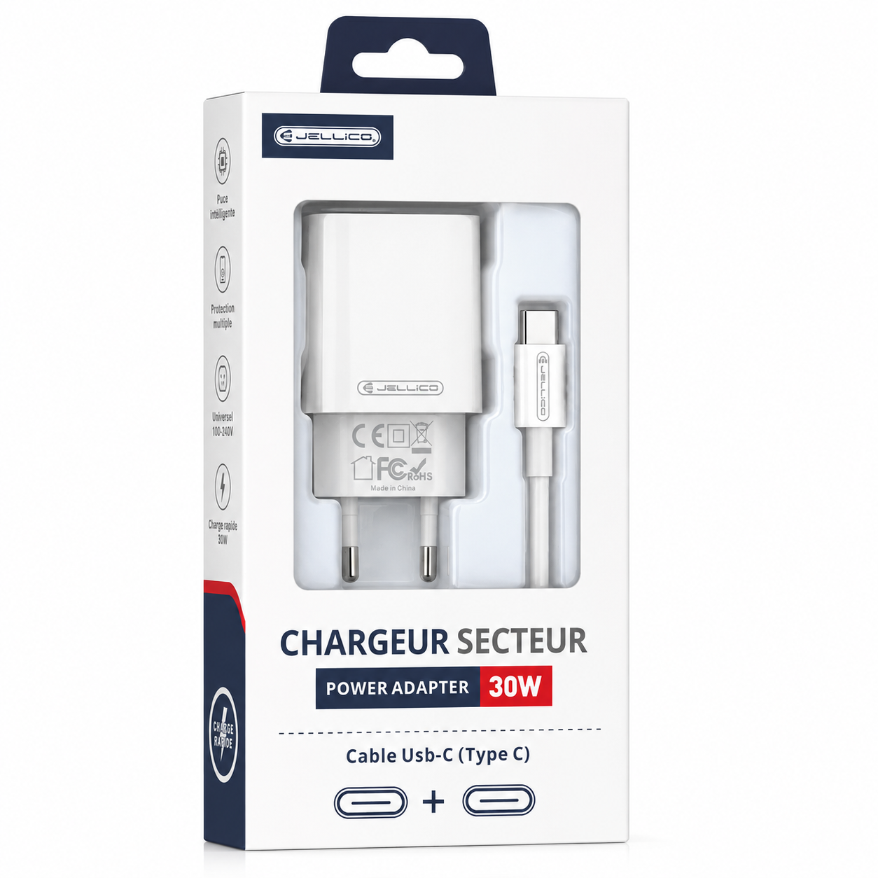 Chargeur secteur USB-C 30W avec câble USB-C – JELLICO EU53