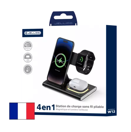Station de charge sans fil JELLICO W12 – Smartphone + Écouteurs + Apple Watch – LED – 15W