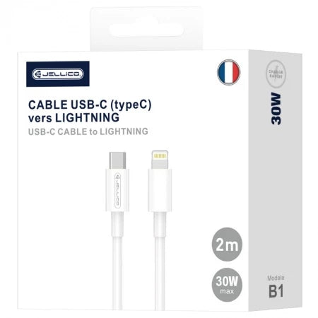 Câble USB-C vers Lightning JELLICO B1 – 30W – 2 m – Blanc