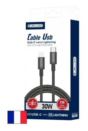 Câble USB-C vers Lightning JELLICO B28 – Charge rapide PD 30W – 1 m – Noir
