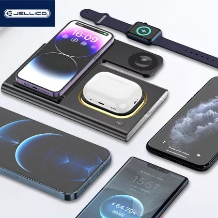 Station de charge sans fil JELLICO W12 – Smartphone + Écouteurs + Apple Watch – LED – 15W