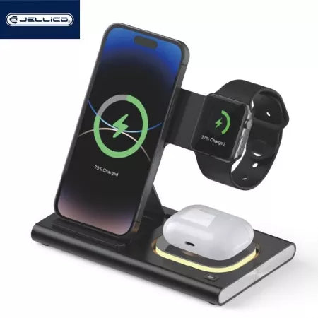 Station de charge sans fil JELLICO W12 – Smartphone + Écouteurs + Apple Watch – LED – 15W